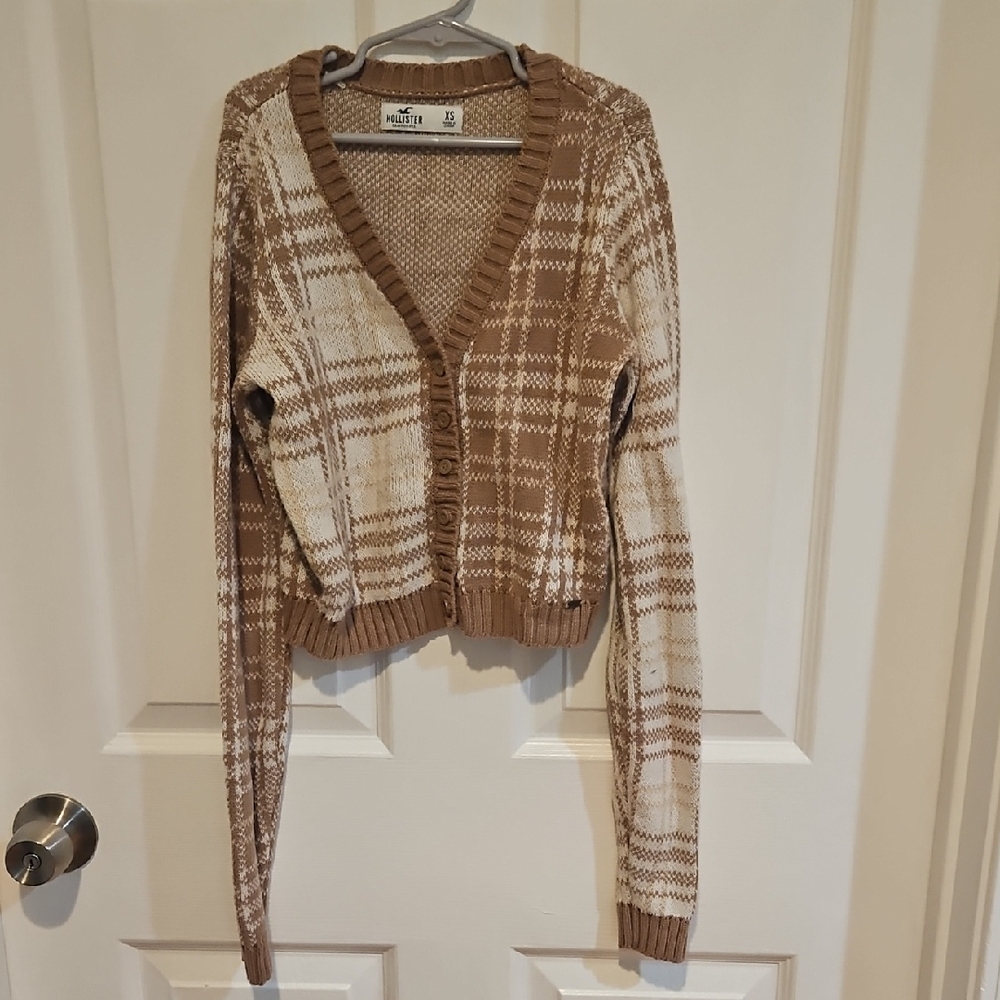Hollister Brown and Cream Plaid Cardigan Sweater